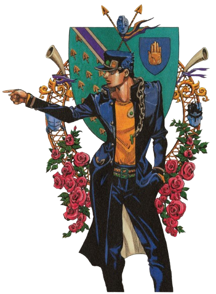 Pixel art of Jolyne and Jotaro from Jojo's Bizarre Adventure. Their stands Star Platinum and Stone Free are in blue behind them.