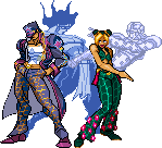 Pixel art of Jolyne and Jotaro from Jojo's Bizarre Adventure. Their stands Star Platinum and Stone Free are in blue behind them.