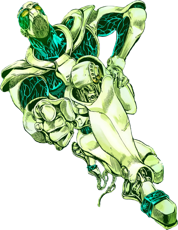 An illustration of Hierophant Green. It is pointing at the viewer