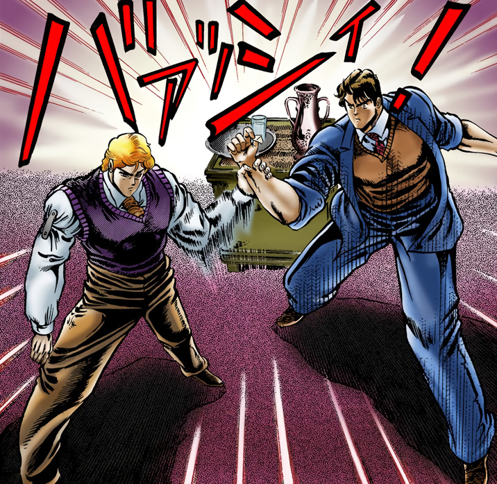 Pixel art of Jolyne and Jotaro from Jojo's Bizarre Adventure. Their stands Star Platinum and Stone Free are in blue behind them.