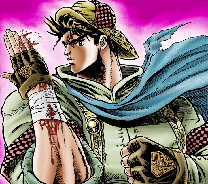Pixel art of Jolyne and Jotaro from Jojo's Bizarre Adventure. Their stands Star Platinum and Stone Free are in blue behind them.