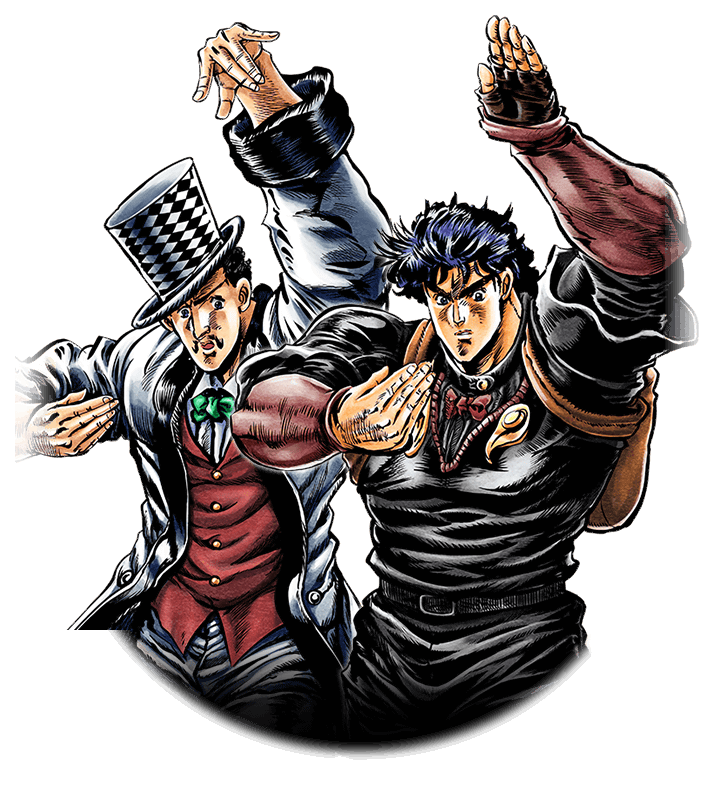 Pixel art of Jolyne and Jotaro from Jojo's Bizarre Adventure. Their stands Star Platinum and Stone Free are in blue behind them.