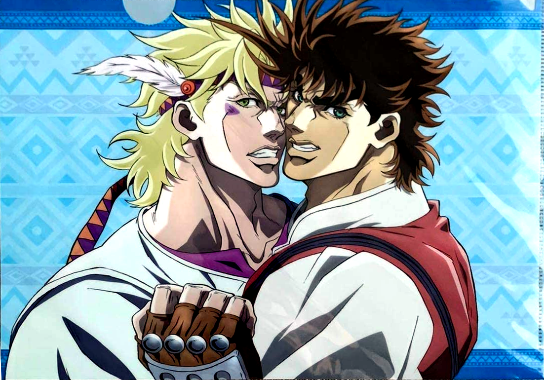 Pixel art of Jolyne and Jotaro from Jojo's Bizarre Adventure. Their stands Star Platinum and Stone Free are in blue behind them.