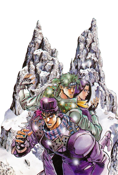 Pixel art of Jolyne and Jotaro from Jojo's Bizarre Adventure. Their stands Star Platinum and Stone Free are in blue behind them.