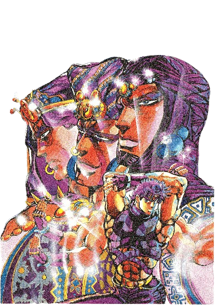 Pixel art of Jolyne and Jotaro from Jojo's Bizarre Adventure. Their stands Star Platinum and Stone Free are in blue behind them.