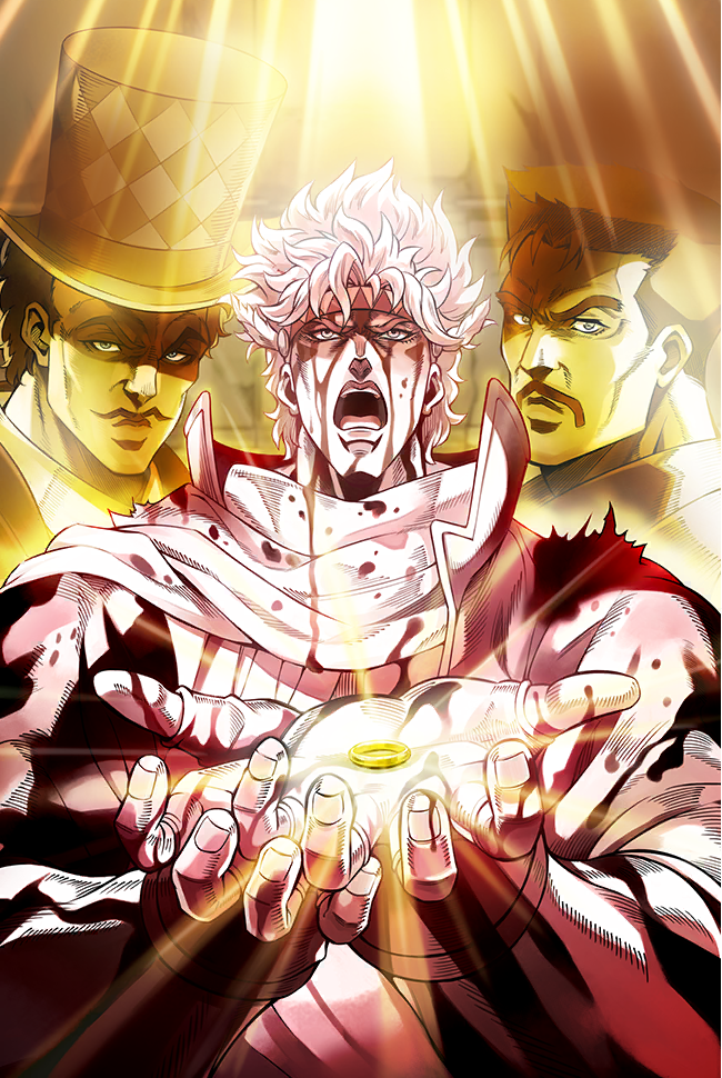 Pixel art of Jolyne and Jotaro from Jojo's Bizarre Adventure. Their stands Star Platinum and Stone Free are in blue behind them.