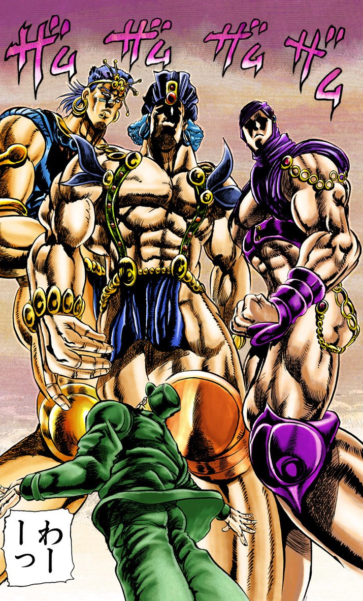 Pixel art of Jolyne and Jotaro from Jojo's Bizarre Adventure. Their stands Star Platinum and Stone Free are in blue behind them.